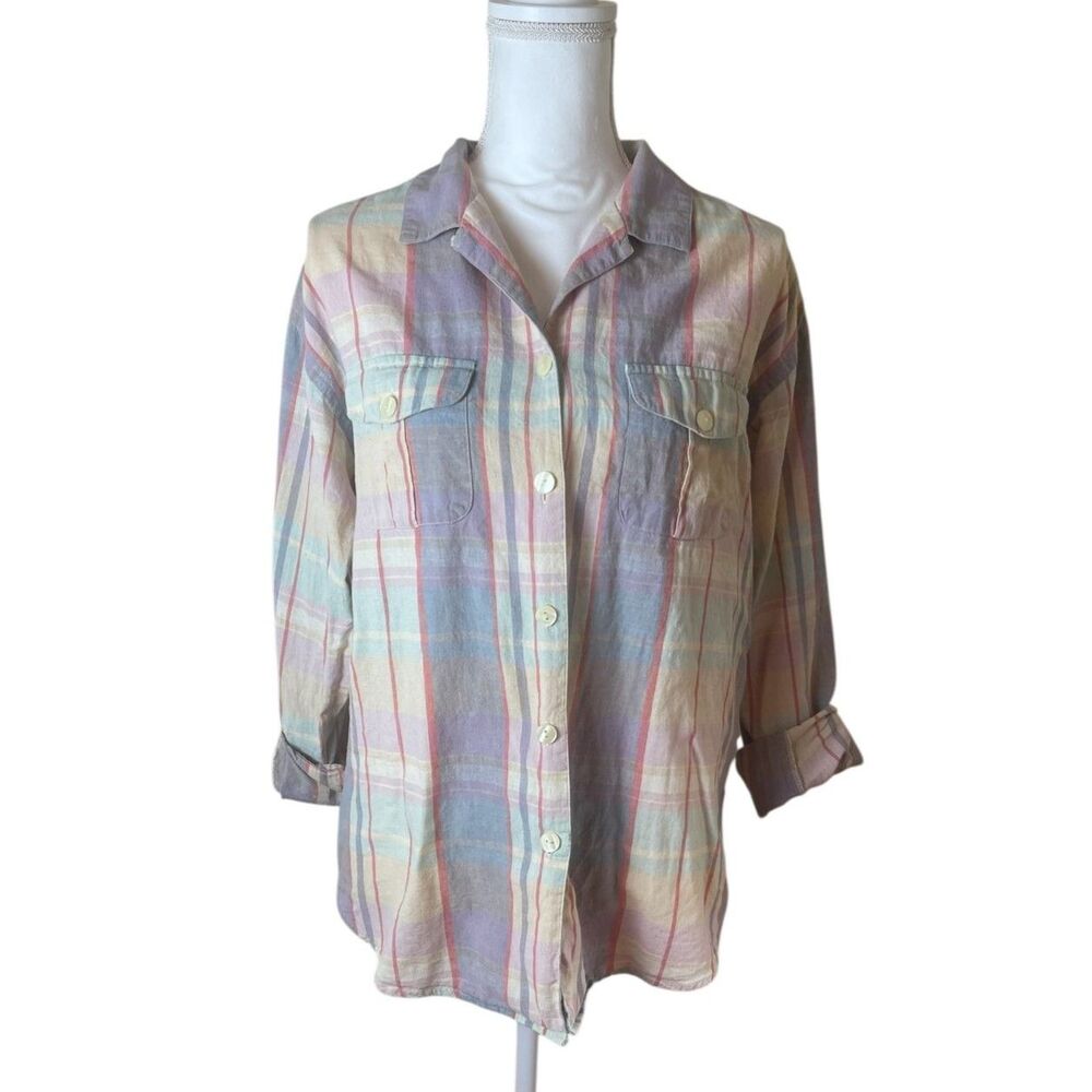 Vintage Pastel Plaid Linen Blend Button Down Shirt Medium Coastal Cottage Spring